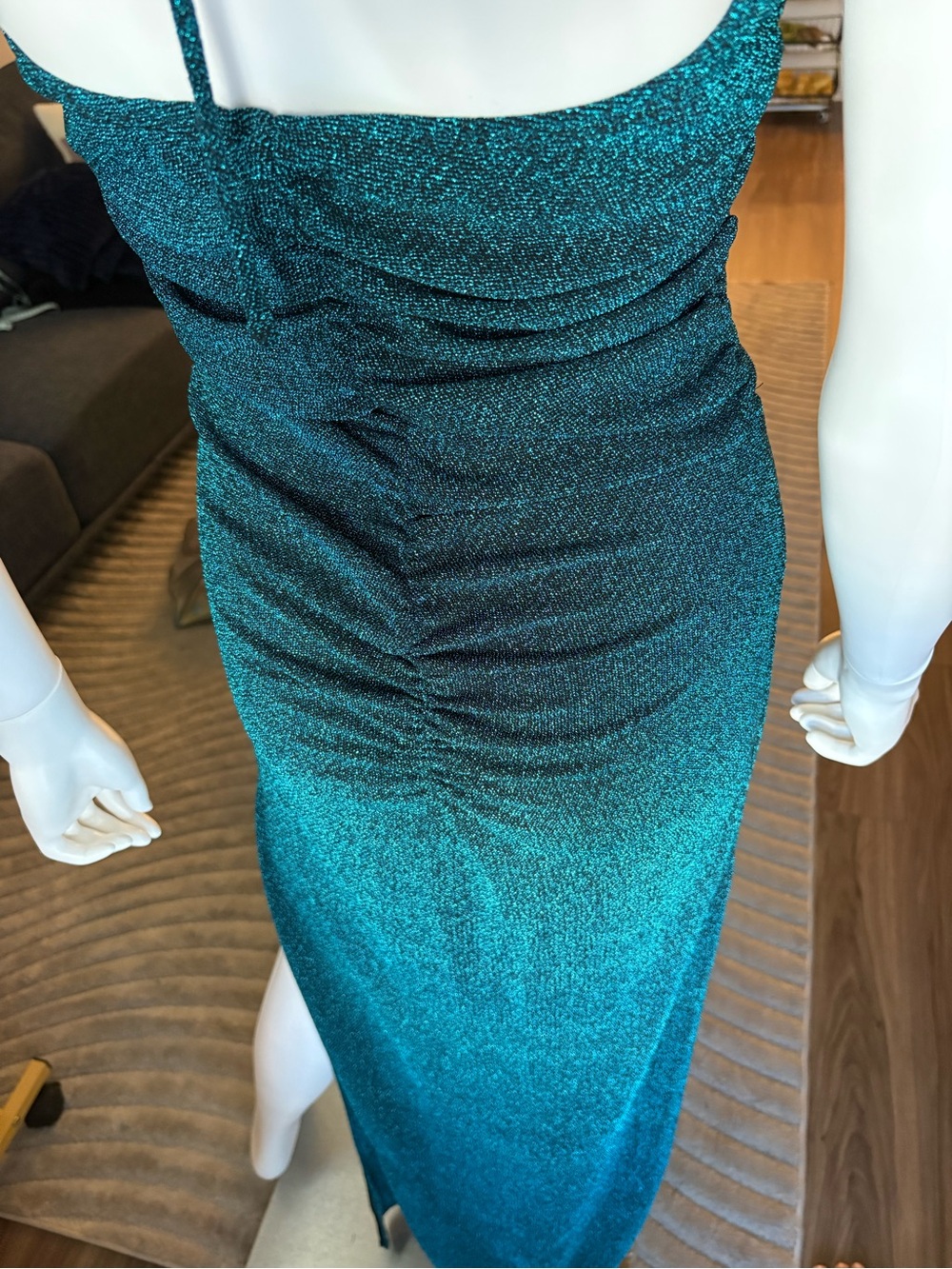 Emerald Green Shimmer Cut Out Maxi Dress Open Back Slit Sexy L - Picture 8 of 13
